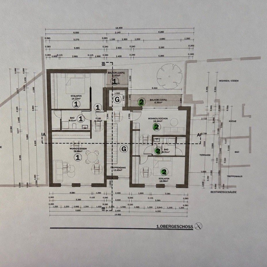 Bemaßter Grundriss Whg. Nr. 2 im 1.OG Etagenwohnung Böblingen