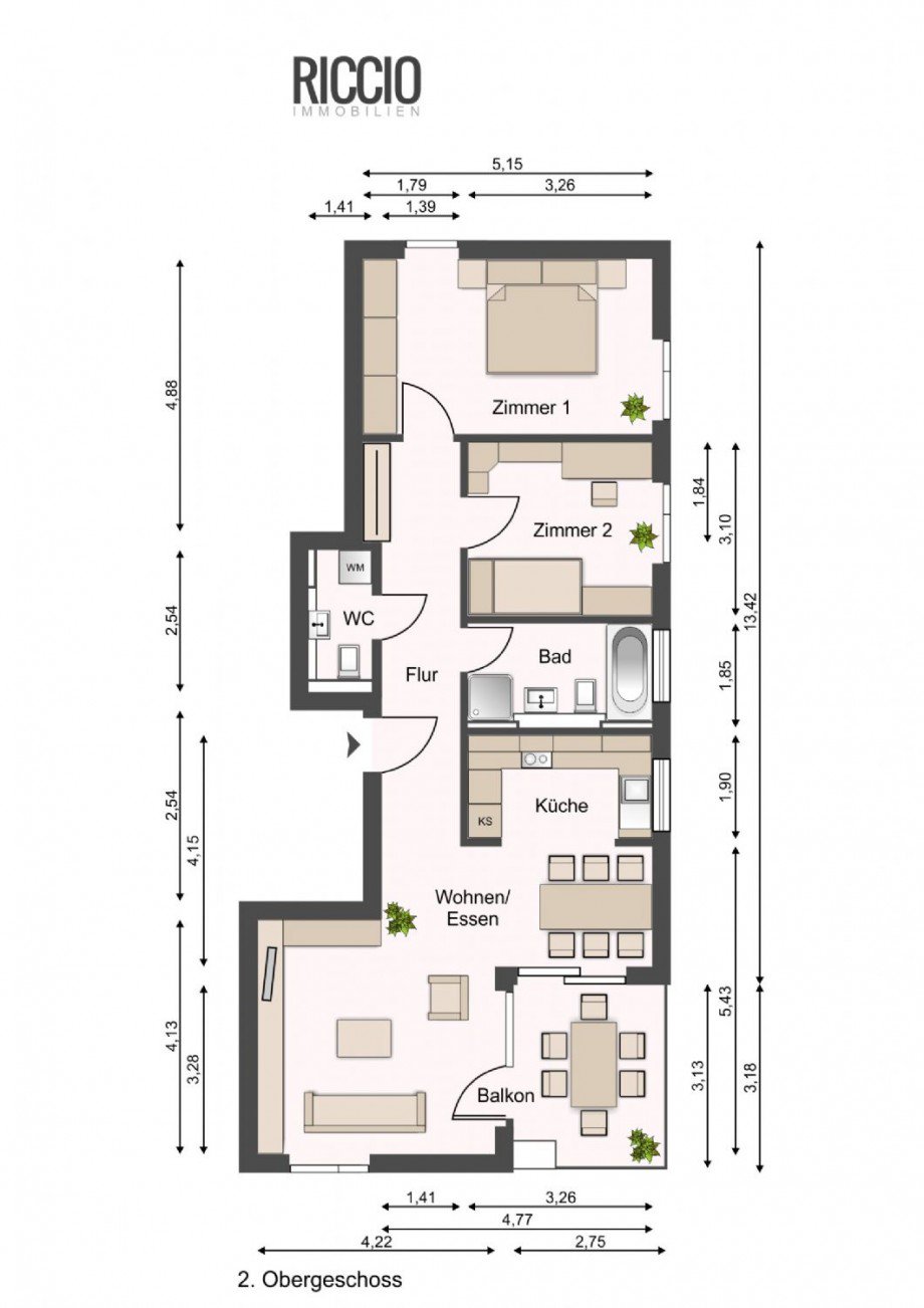 Grundriss - 3 Zimmerwohnung mit Balkon/ Illustration Riccio Immobilien Etagenwohnung B�blingen